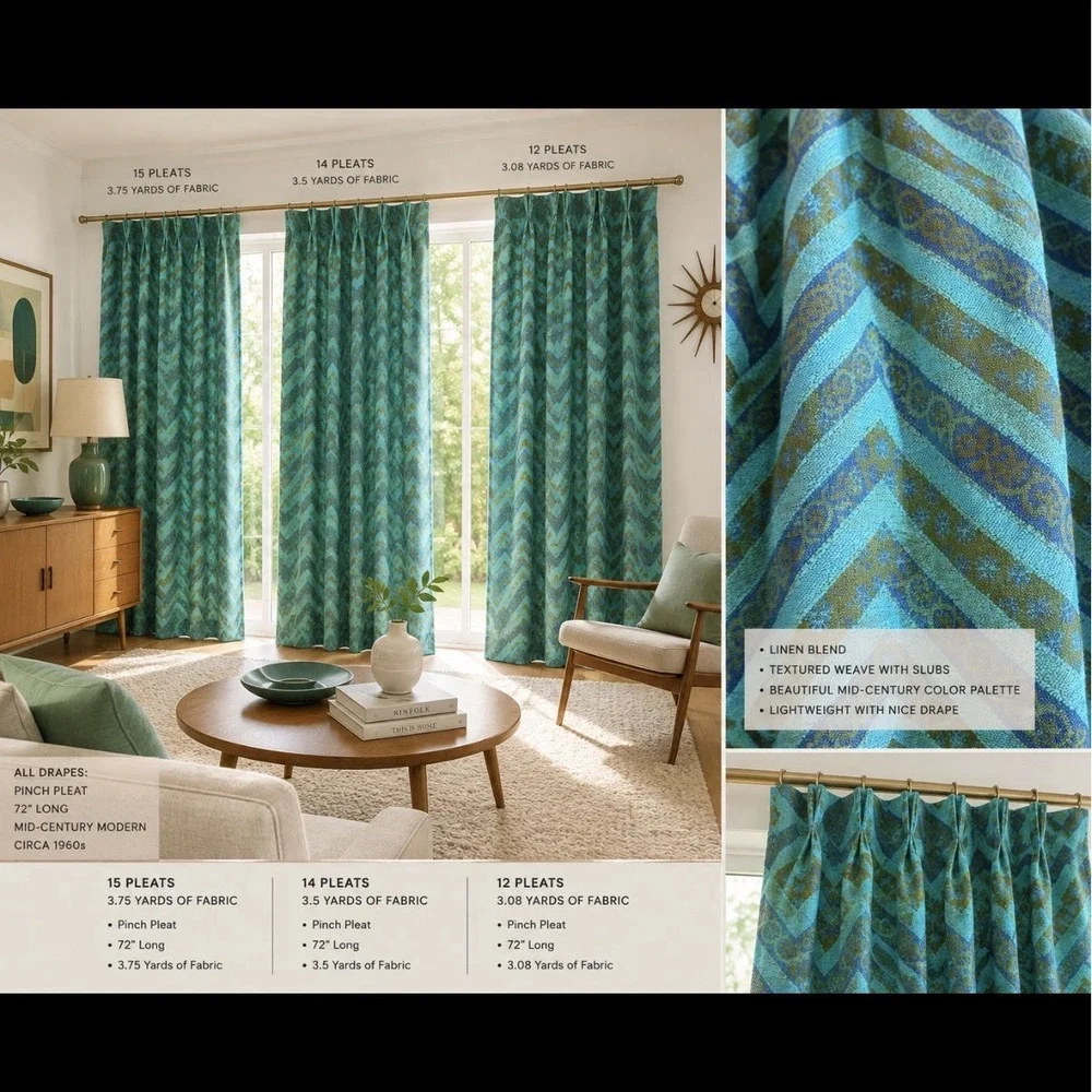 MCM European Linen Pinch Pleat Drapery Panel. 1 of 3. Turquoise/Olive Green